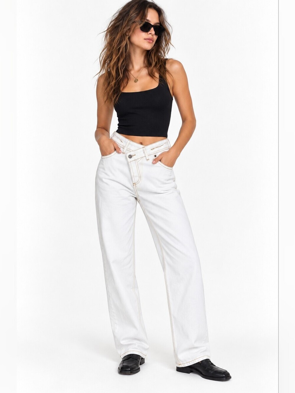 Lioness White Asymmetrical Waist Straight Leg Jeans XL 100% Cotton